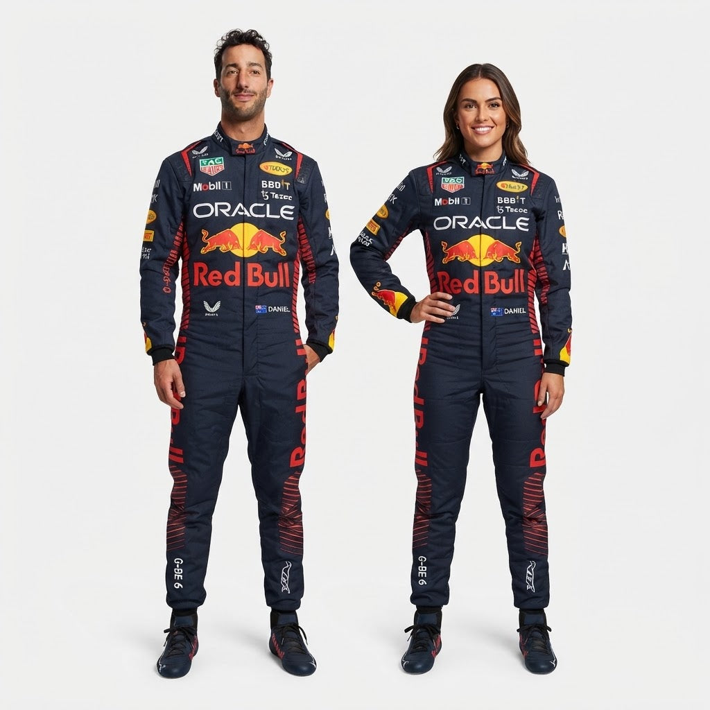 Man and woman in navy Red Bull Oracle racing suits