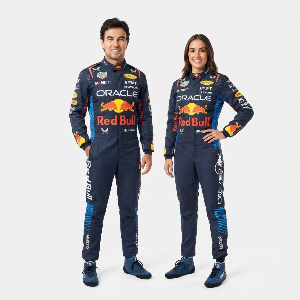 Man and woman in navy Red Bull Oracle racing suits, studio photo