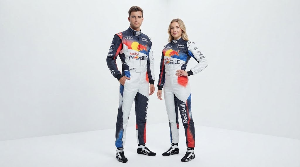 Man and woman in white and navy Red Bull-style racing suits, studio photo