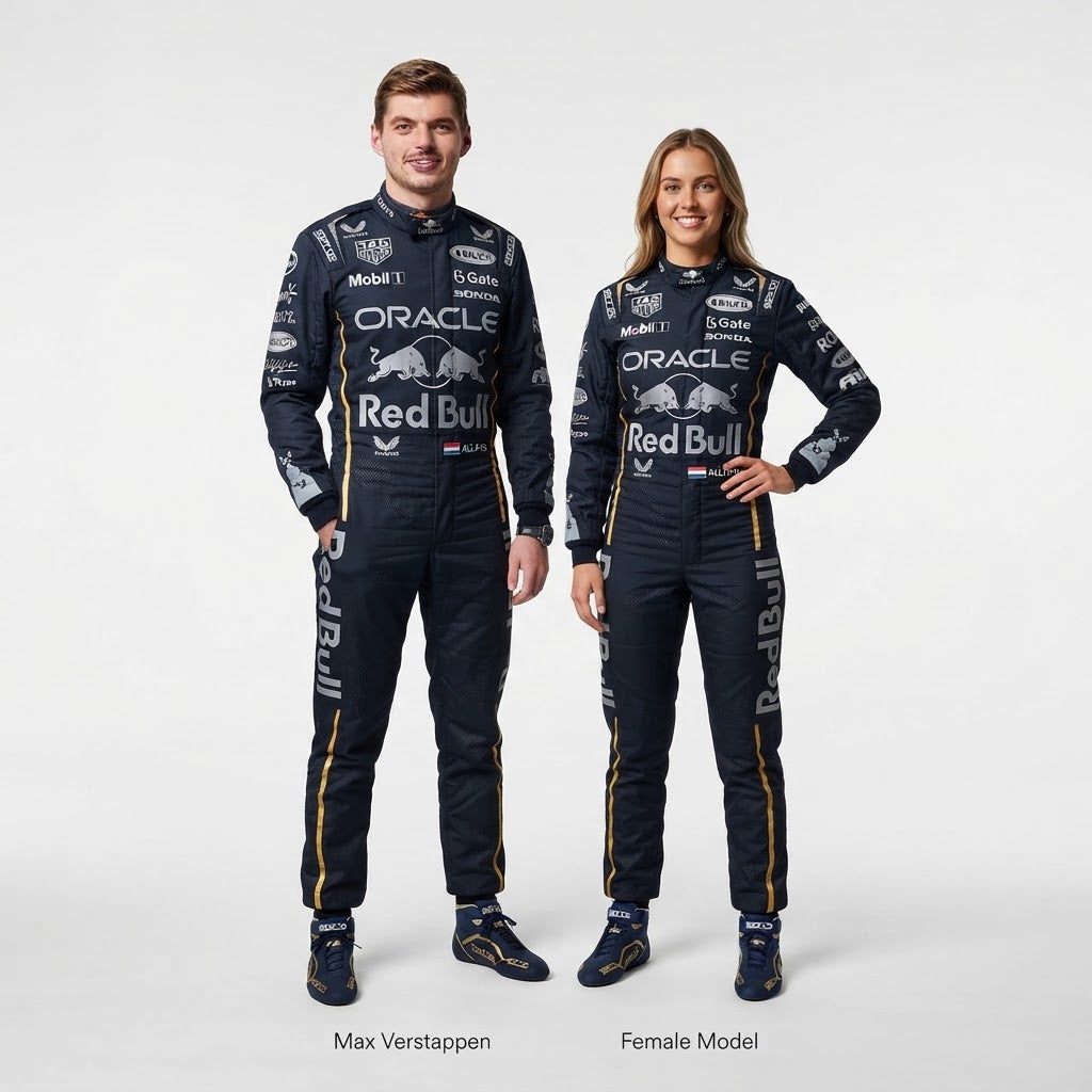 Man and woman in dark navy Red Bull Oracle racing suits, studio photo