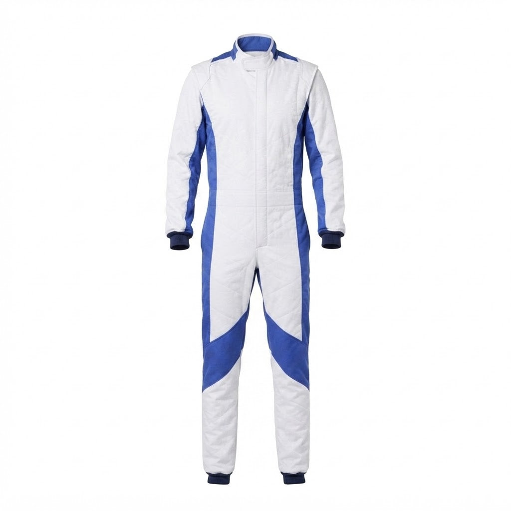 Customizable White and Blue Racing Suit for Drivers