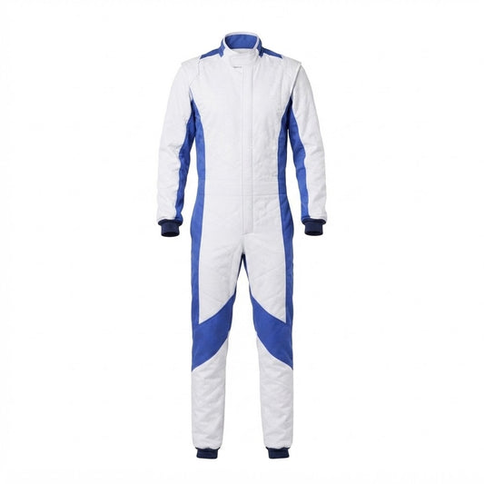 Customizable White and Blue Racing Suit for Drivers