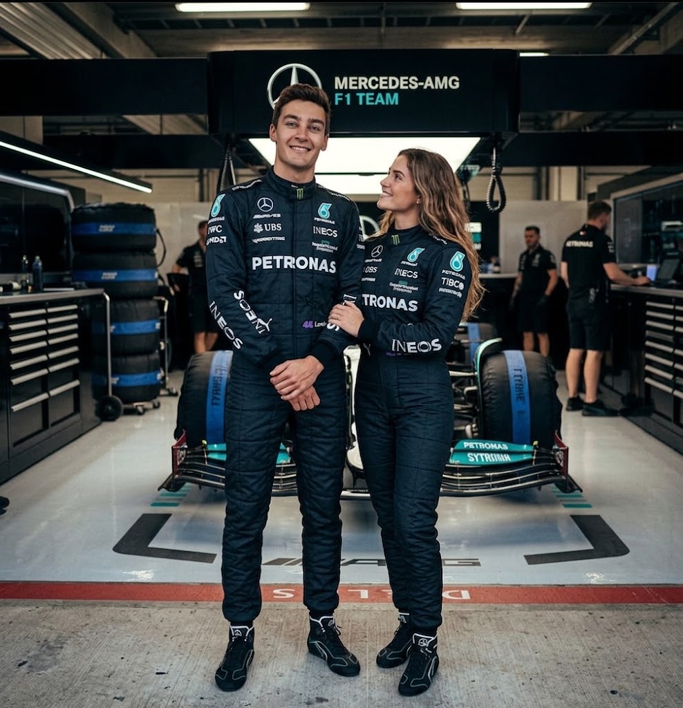 Man and woman in black Mercedes-AMG Petronas-style racing suits in the garage with tyres
