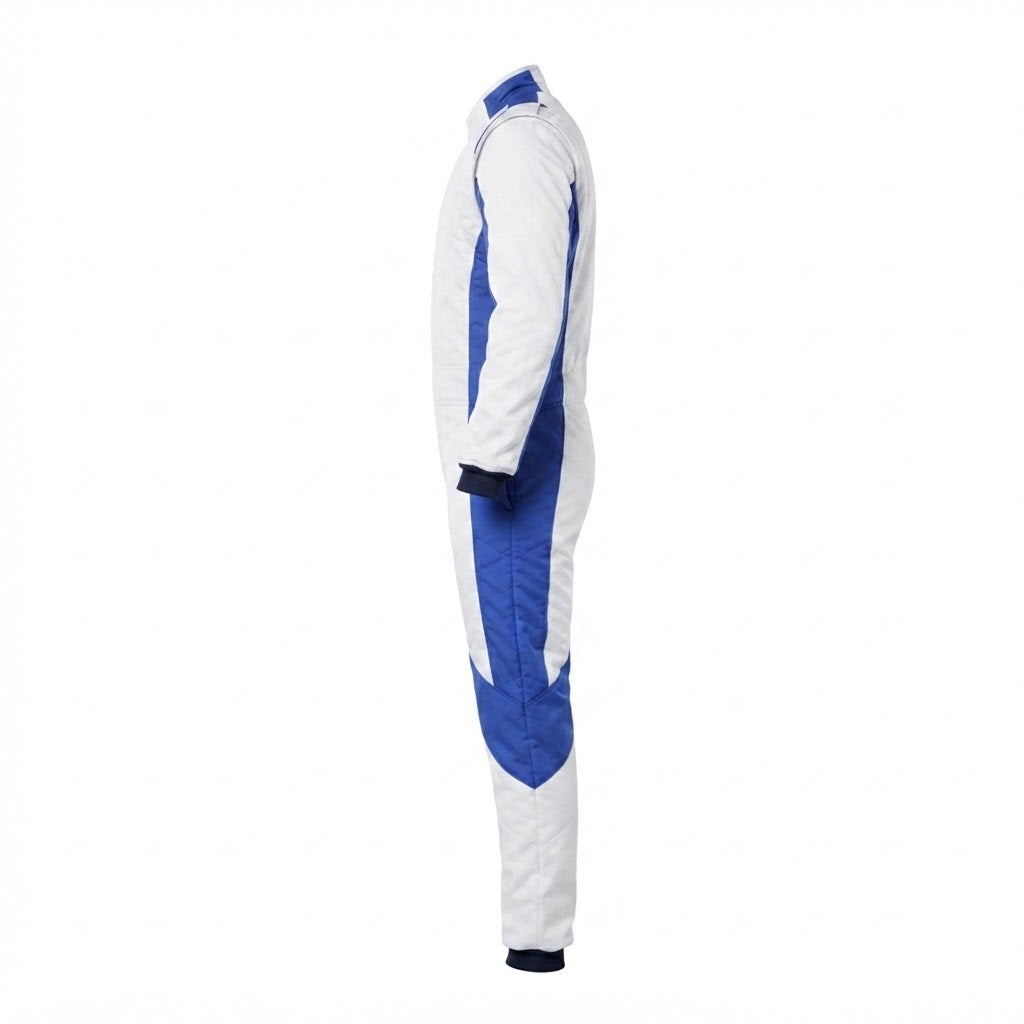 Customizable White and Blue Racing Suit for Drivers