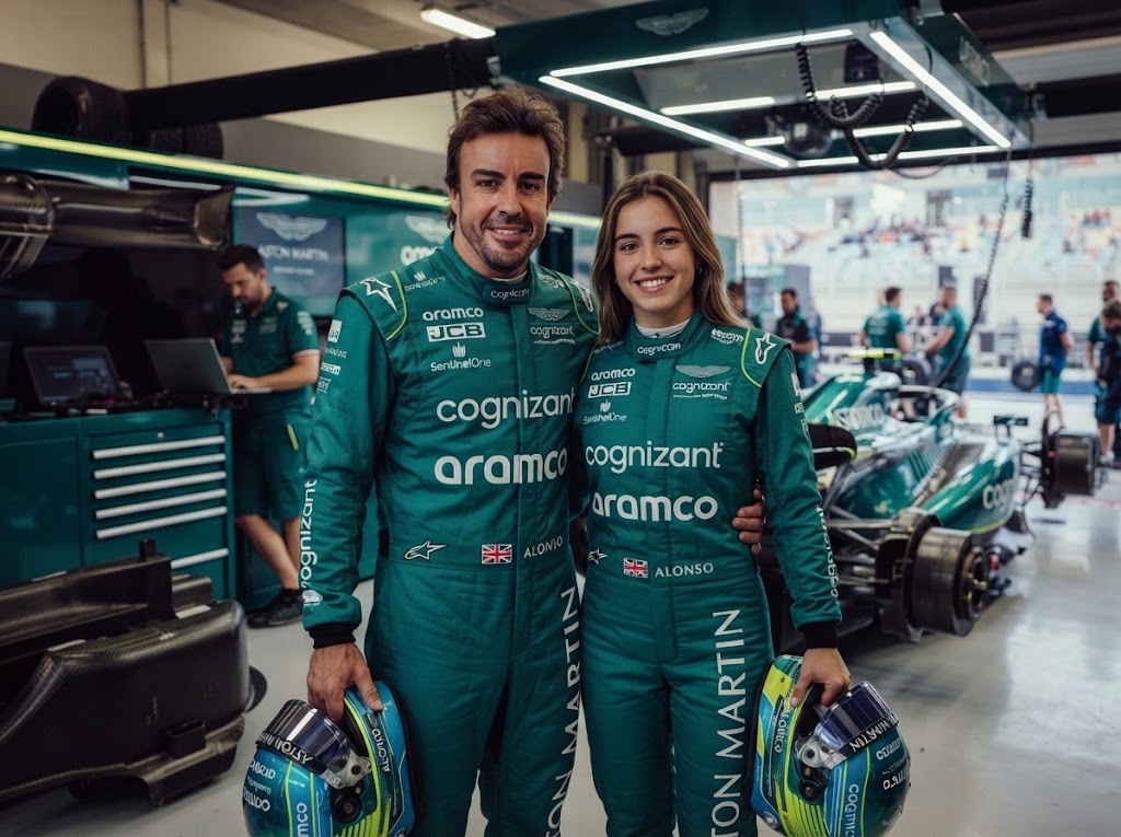 Man and woman in green Aston Martin Aramco-style racing suits holding helmets