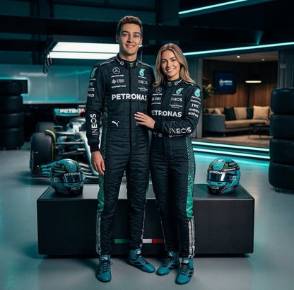 Man and woman in black and teal Mercedes-style racing suits in a lounge