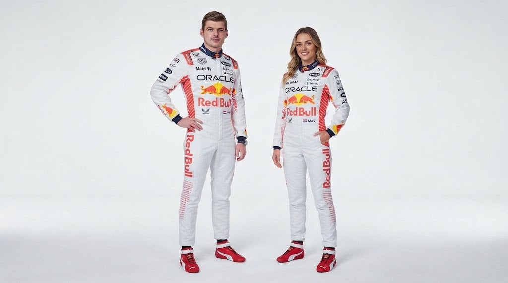 Man and woman in white Red Bull Honda racing suits, studio photo