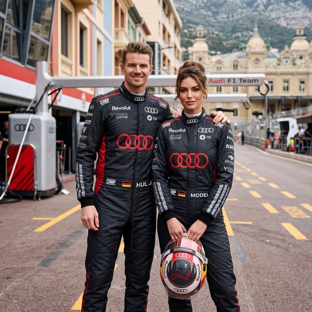 Man and woman in black Audi-style racing suits on a Monaco street