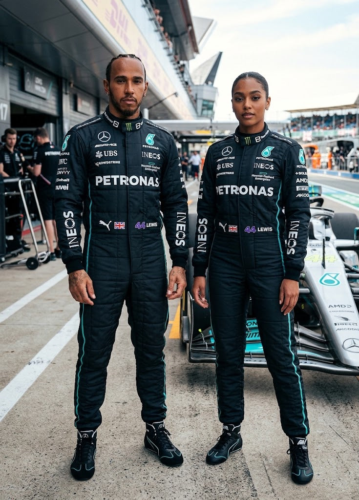 Man and woman in black Mercedes Petronas-style racing suits at a race track