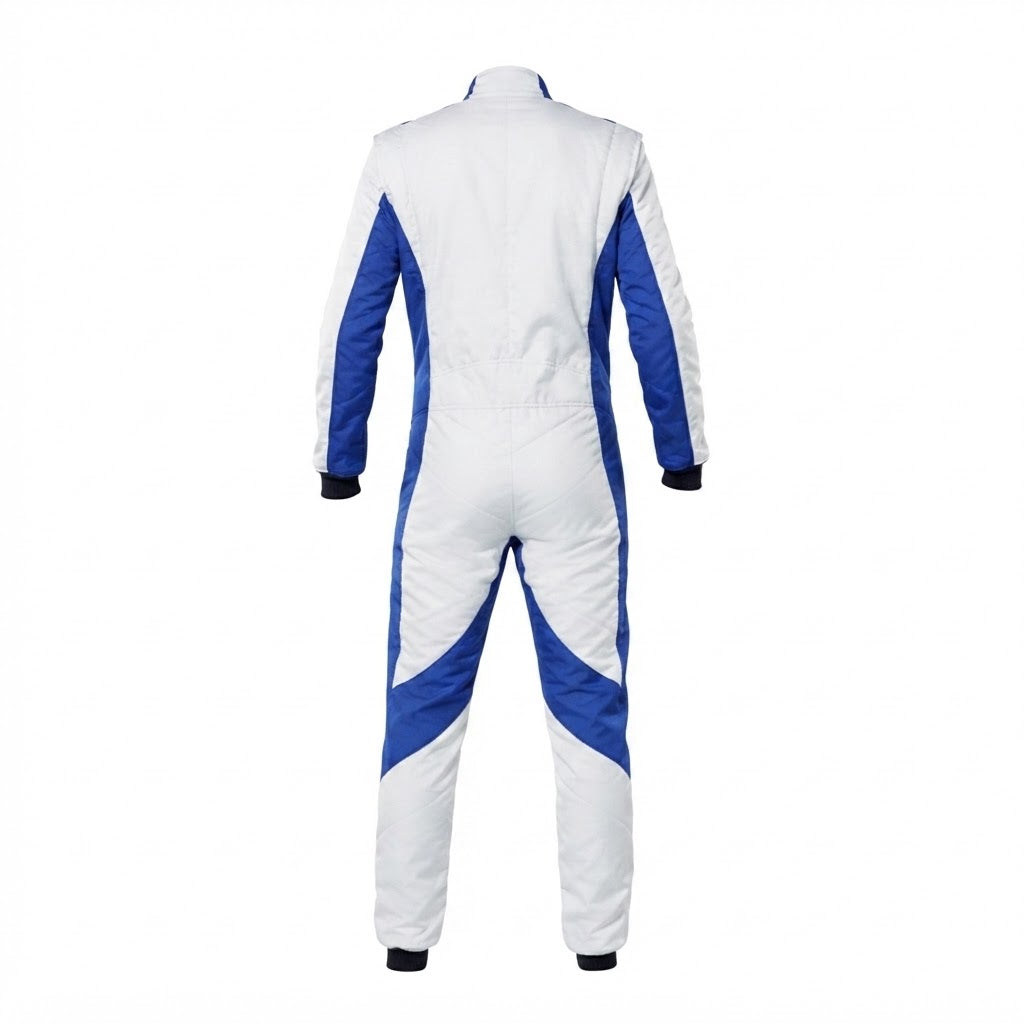 Customizable White and Blue Racing Suit for Drivers