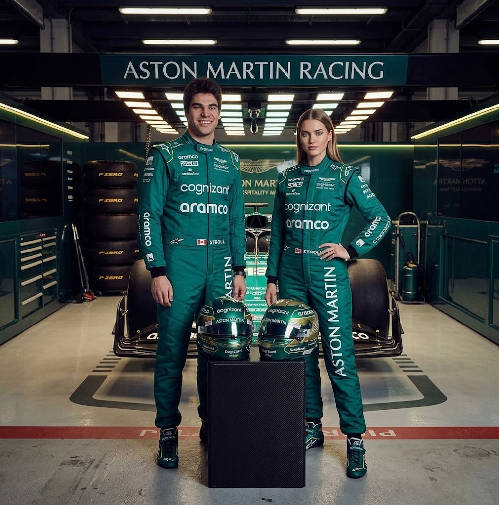 Man and woman in green Aston Martin Racing-style suits in the garage