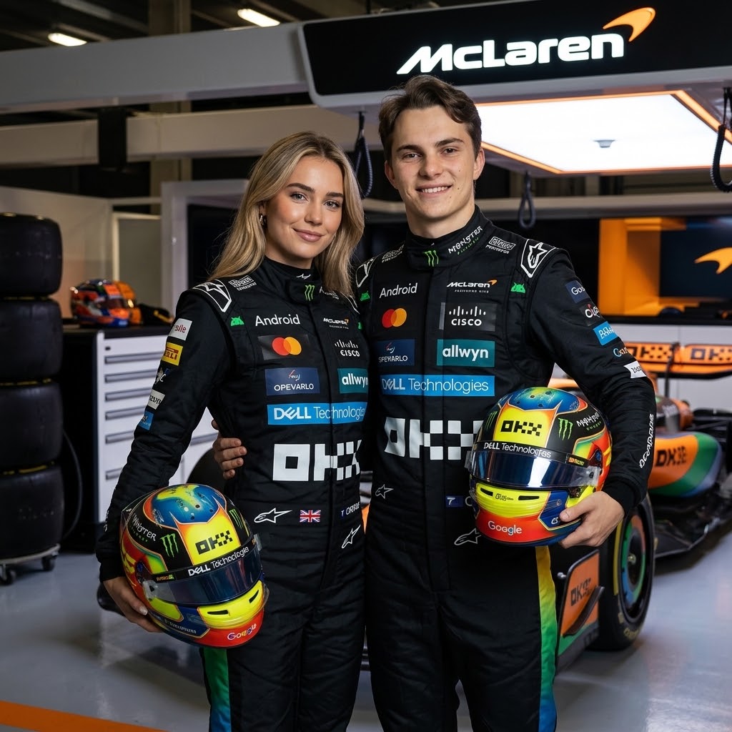 Man and woman in black and teal McLaren racing suits holding helmets