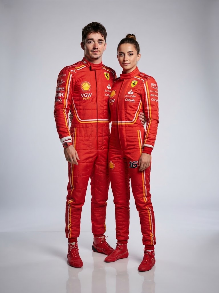 Man and woman in red Ferrari-style racing suits, studio photo