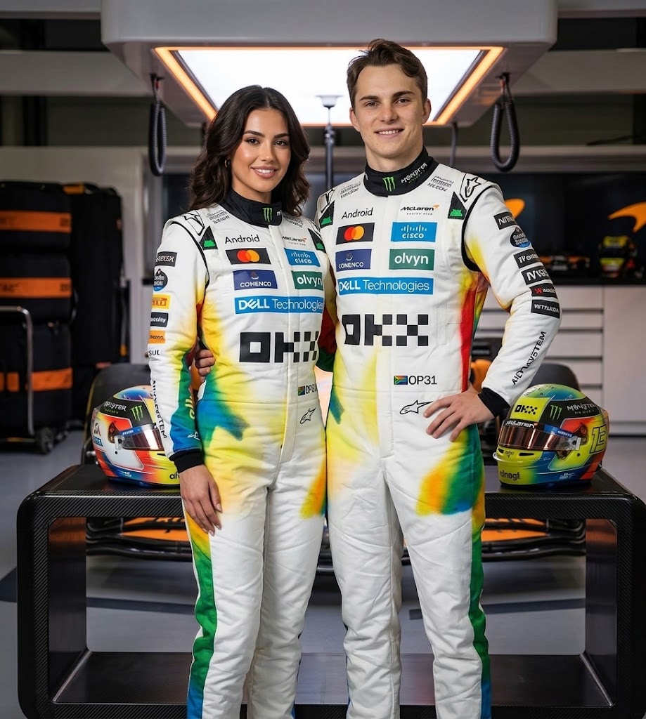 Man and woman in white and rainbow-trim McLaren racing suits with helmets