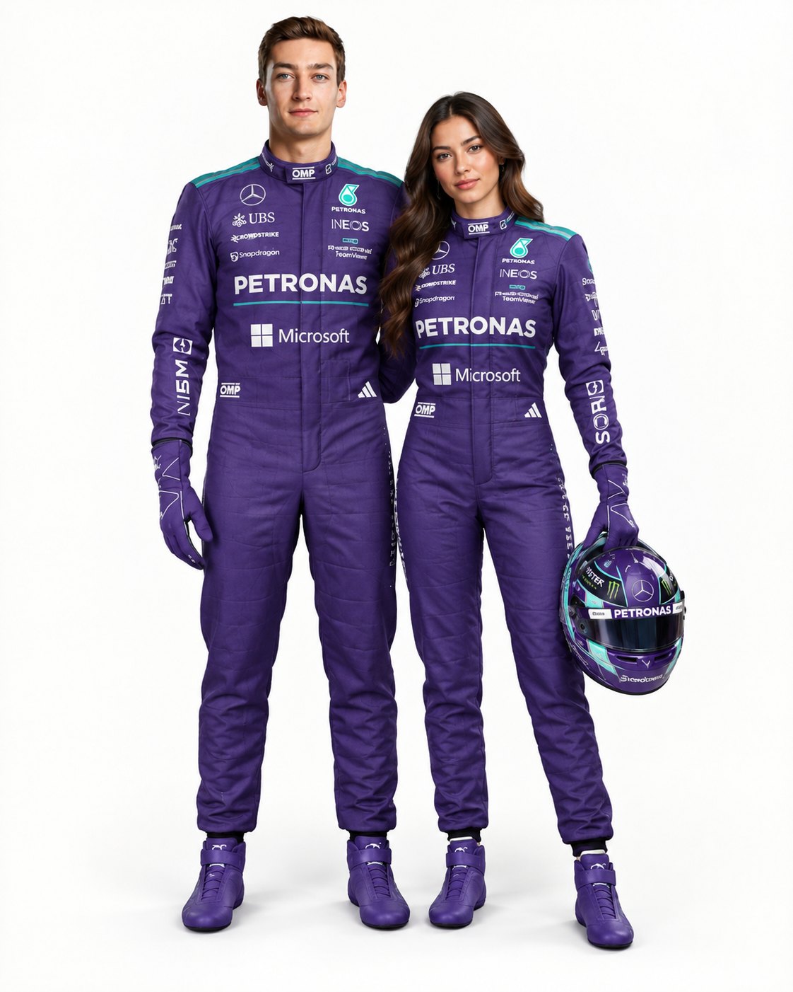 Man and woman in purple Mercedes Petronas-style racing suits holding a helmet