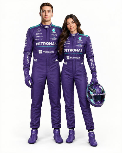 Man and woman in purple Mercedes Petronas-style racing suits holding a helmet