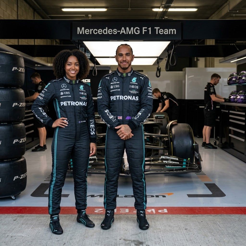 Man and woman in black Mercedes-AMG Petronas-style racing suits in the garage