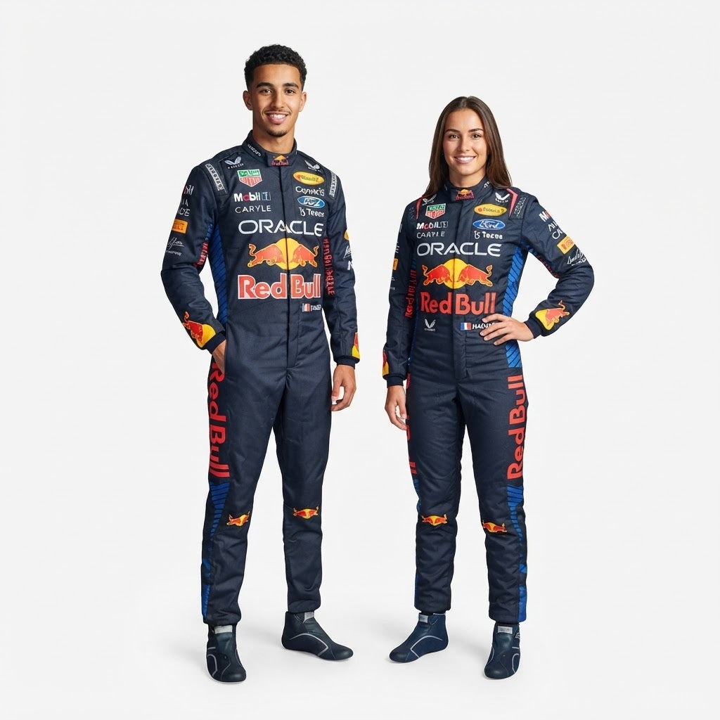 Man and woman in navy Red Bull-style racing suits