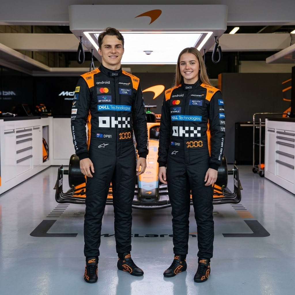 Man and woman in black and blue McLaren racing suits in the garage