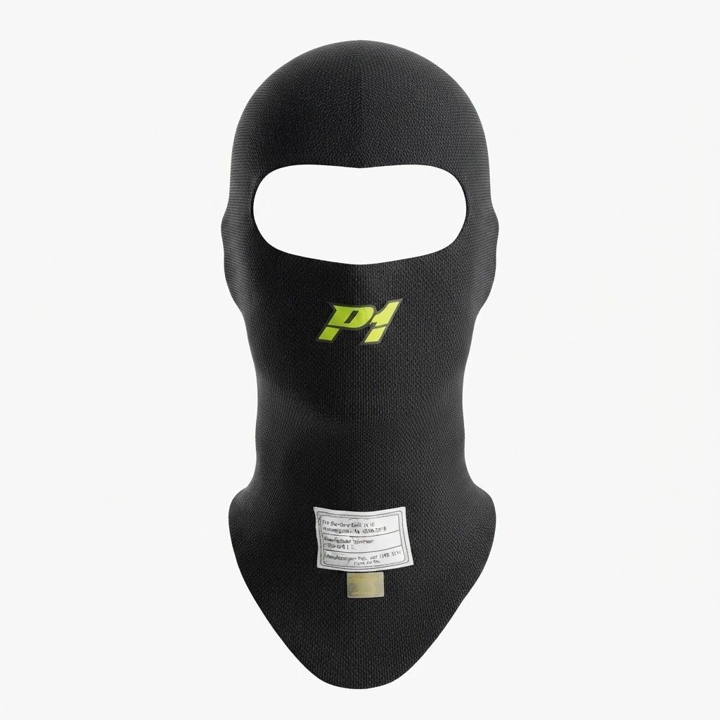 P1 Professional Black Racing Balaclava / Karting Open Face Head Sock with Homologation Tag